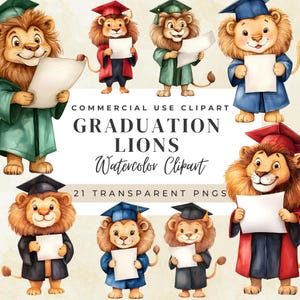 Graduation Lions Clipart – Cute Standing Lions in Cap and Gown (Red, Blue, Green, Black) – Graduation Animals PNG