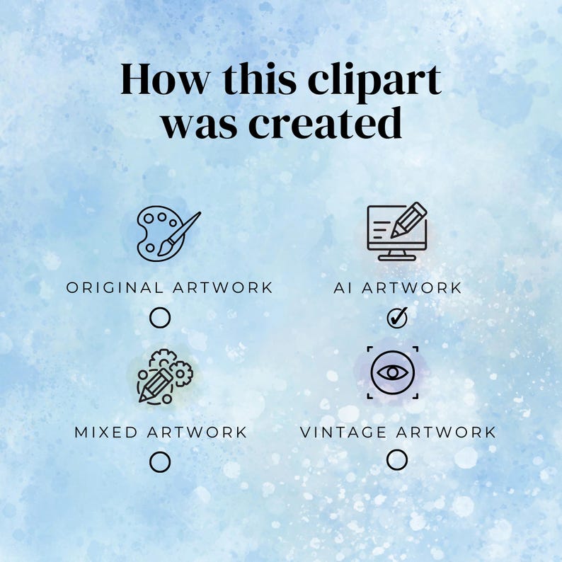 Może przedstawiać: Obraz z tekstem "How this clipart was created". Przedstawia cztery opcje tworzenia clipart&oacute;w: Oryginalna grafika, Grafika AI, Grafika mieszana i Grafika vintage, każda z ikoną i okręgiem wyboru.
