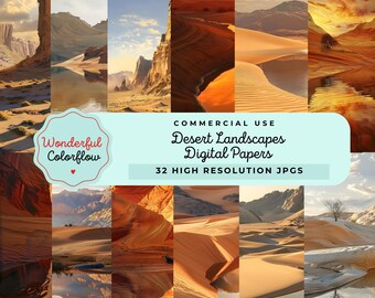 May include: A collection of digital papers featuring desert landscapes. The images showcase various scenes with sand dunes, canyons, and bodies of water, all bathed in warm, golden light. The text reads "Desert Landscapes Digital Papers" and "32 High Resolution JPGs."