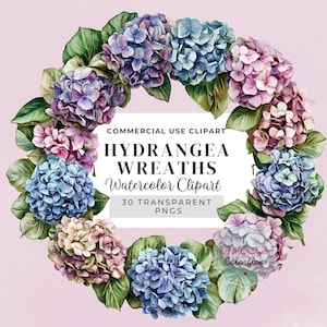 Hydrangea Floral Frames Clipart, Watercolor Wreaths with Greenery and Roses, Round Flower Borders for Cards and Scrapbooking