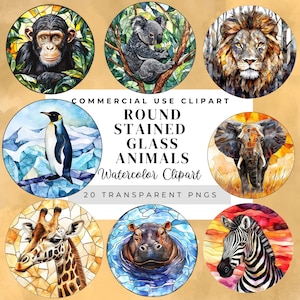 May include: A set of 20 round stained glass animal illustrations. The animals include a chimpanzee, koala, lion, penguin, elephant, giraffe, hippopotamus, and zebra. The illustrations are in a watercolor style and have a stained glass effect.