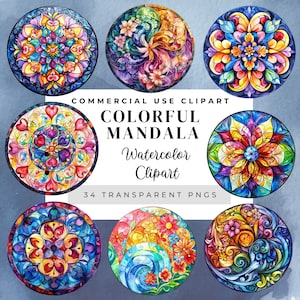 Kleurrijke mandala aquarel clipart – levendige boho mandala&#39;s, spirituele decoratieve kunst, afdrukbare zentangleontwerpen, digitale download.