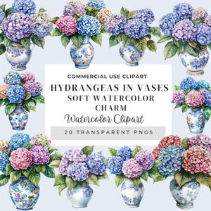 Hydrangea Vase Watercolor Clipart – Floral Bouquets, Jar Flowers PNG, Blue Pink Hydrangeas Illustration for Wedding, Stationery, Sublimation