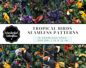 Tropical Birds Seamless Patterns – Colorful Exotic Jungle Digital Paper, Parrot & Toucan Backgrounds, Boho Tropical Printable Paper Pack