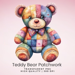 Teddy Bear Patchwork  Watercolor Clipart,  Perfect for invitations, stationery, sublimation, POD, stickers, scrapbooking, planners and more.