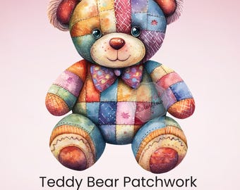 Teddy Bear Patchwork  Watercolor Clipart,  Perfect for invitations, stationery, sublimation, POD, stickers, scrapbooking, planners and more.