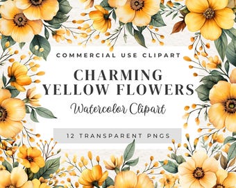 Charmiga gula blommor, akvarell clipart, inbjudningar, gratulationskort, brevpapper, POD, sublimering, klistermärken, scrapbooking, planerare.