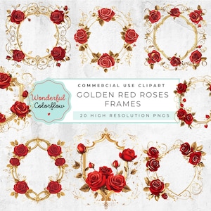 20 goldene rote Rosen Rahmen Clipart PNG, Rahmen Clipart Bundle, transparenter Hintergrund, digitaler Download, PNG Grafiken, kommerzielle Nutzung
