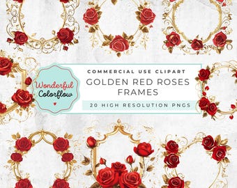 20 gouden rode rozen frames clipart png, frame clipart bundel, transparante achtergrond, digitale download, png-graphics, commercieel gebruik