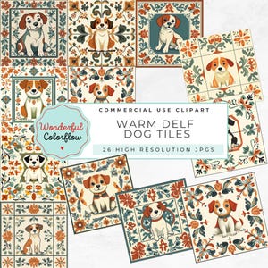 Varma Delft-hundplattor Clipart – Folkkonsthundillustrationer i jordnära toner, handmålade terrakottahundplattor, söt rustik valp-clipart