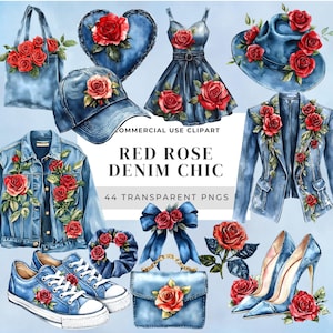 Red Rose Denim Chic Watercolor Clipart, Denim clothes, Denim elements, Perfect for POD design, Invitation, stickers, sublimation.