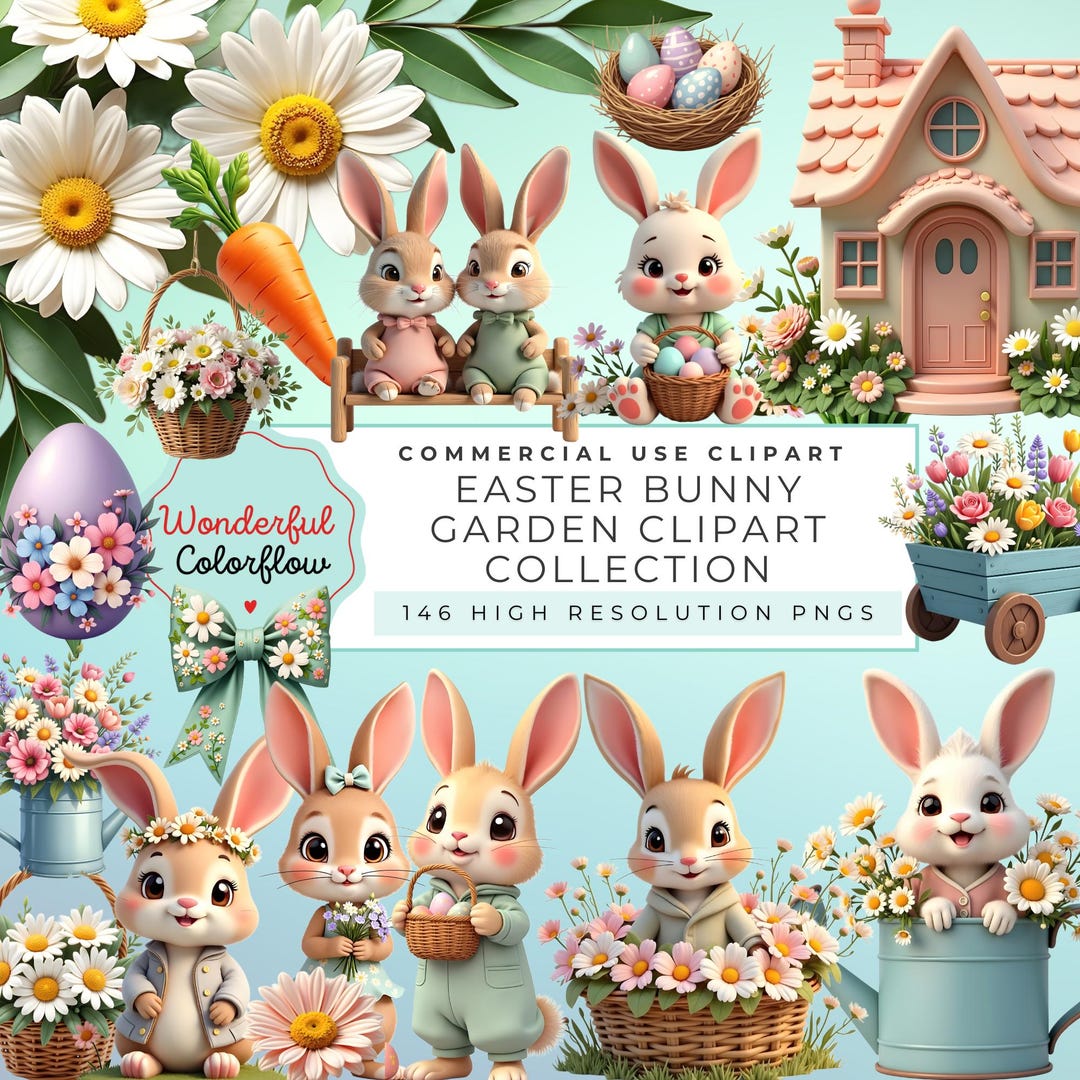Easter Bunny Garden Clipart Collection, Spring Floral Bunny Pngs, Cute ...