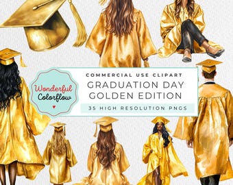 Graduation Day Golden Edition Watercolor Clipart – Goden Gown Graduates PNG, Commencement Illustration, graduation hat - graduation designs