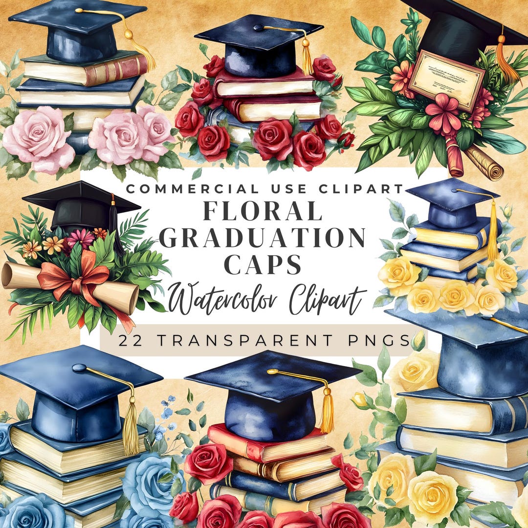 Floral Graduation Caps Watercolor Clipart Perfect for Invitation, POD ...