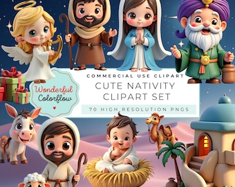 May include: A collection of cute nativity clipart set illustrations. The image features various characters including an angel, Mary, Joseph, a wise man, baby Jesus, a donkey, a sheep, and a camel. The text on the image says "Commercial Use Clipart", "Cute Nativity Clipart Set", and "70 High Resolution PNGs".