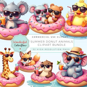 May include: A digital clipart bundle featuring cartoon animals, including a koala, bear, duck, giraffe, fox, otter, and elephant, each wearing sunglasses and relaxing on pink donut floats. The image includes the text "Summer Donut Animals Clipart Bundle".