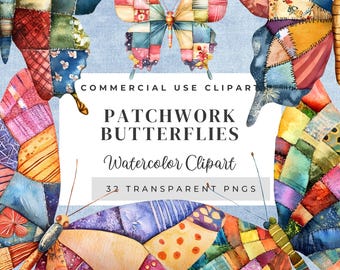 Patchwork butterflies Watercolor Clipart, PNG, Printable Patchwork Butterflies, Illustrations, Digital Download, Scrapbook Crafting, Quilt
