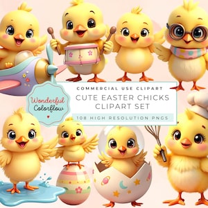 May include: A set of cartoon illustrations featuring cute yellow chicks. The chicks are depicted in various poses, some with accessories. The image includes the text "Cute Easter Chicks Clipart Set".