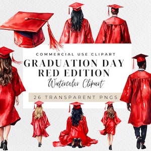 Graduation Day - Red Edition Watercolor Clipart – Red Gown Graduates PNG, Commencement Illustration, graduation hat - graduation designs