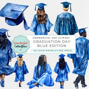 Graduation Day - Blue Edition Watercolor Clipart – Blue Gown Graduates PNG, Commencement Illustration, graduation hat - graduation designs
