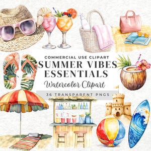 May include: Watercolor clipart set of summer essentials, including a beach umbrella, beach ball, sandcastle, surfboard, flip flops, a coconut with a flower, a straw hat, sunglasses, a beach bag, a picnic basket, cocktails, and a beach bar. The set includes 36 transparent PNG files.