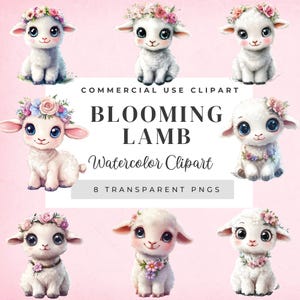 Blooming Lambs: Watercolor Clipart | 8 PNG High Resolution
