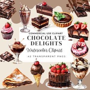 Chocolate Delights Watercolor Clipart, Chocolate Desserts, Cakes, Donuts,Sweets, Pastries,Digital Food,Desings for Crafts, Stickers and more