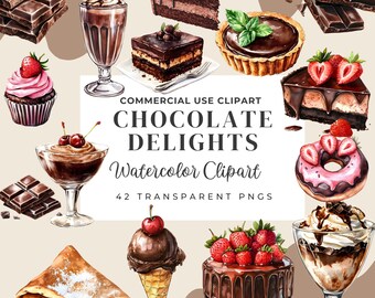 Chocolate Delights Watercolor Clipart, Chocolate Desserts, Cakes, Donuts,Sweets, Pastries,Digital Food,Desings for Crafts, Stickers and more