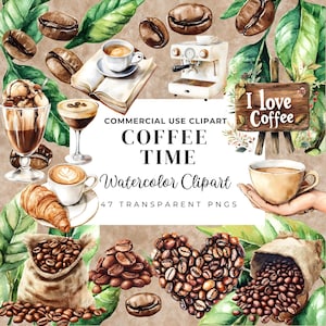 May include: Watercolor clipart set featuring coffee beans, coffee cups, a coffee maker, a book, a croissant, and a sign that says "I love coffee".