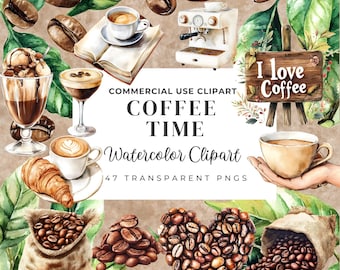 Coffee Time Watercolor Clipart – Watercolor Coffee Beans, Drinks, Desserts, Frames & Café Elements