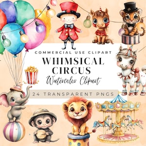 Whimsical  Circus Watercolor Clipart, High Quality, Perfect for invitations,  stationery, sublimation, POD, stickers, scrapbooking, planners