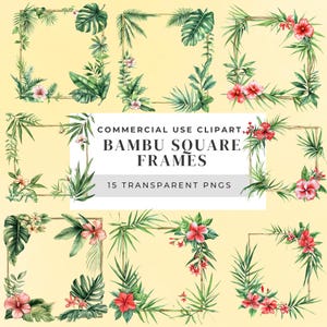 May include: A set of 15 digital square frames featuring watercolor illustrations of tropical leaves and flowers. The frames are perfect for adding a touch of nature to your digital designs.