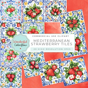 May include: A collection of Mediterranean strawberry tiles with a watercolor design. Each tile features vibrant red strawberries, green leaves, and white flowers, set against a blue and white patterned background. The image includes text that reads "Wonderful Colorflow" and "Mediterranean Strawberry Tiles."