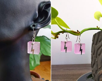 Glow-in-the-Dark Resin Square & Sterling Silver Lightning Bolt Earrings, Fun Summer Style, Lightweight Punk Earrings, Cute Handmade Jewelry