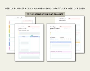 Colorful Day and Week Planner Printable, Daily and Weekly Digital Download, Daily Gratitude PDF, Simple Undated Planner for Productivity