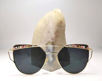 Harmonize.ING Cat Eye Sunglasses | Jewel Embellished Sunglasses, Women's Sunglasses, Fashion Sunglasses, Tourmaline with Ruby, Amazonite