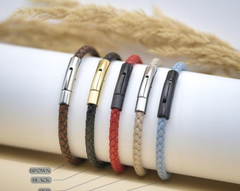 5mm Braided Leather Cord Bracelet with Stainless Steel Click-on Bayonet Clasp, Beige Brown & Black Leather Wristband for Women Men