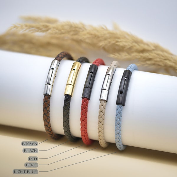 5mm Braided Leather Cord Bracelet with Stainless Steel Click-on Bayonet Clasp, Beige Brown & Black Leather Wristband for Women Men