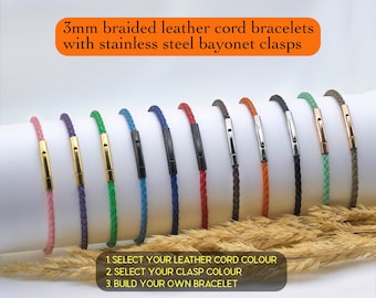 Custom Length Minimalist Braided Tiny Leather Cord Simple Bracelet For Charms Beads With Stainless Steel Bayonet Clasp