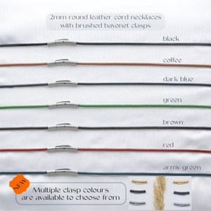 May include: A collection of 2mm round leather cord necklaces featuring brushed bayonet clasps in black, coffee, dark blue, green, brown, red, and army green. Text labels identify each color, and an inset shows additional clasp color options.