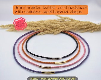 Braided Leather Cord Necklace: Minimalist Charm Necklace, Customizable, 3mm