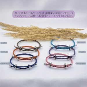 May include: Six adjustable 3mm leather cord bracelets with stainless steel buckles in olive, orange, dark blue, sky blue, violet, and light pink. The text reads: 3mm leather cord adjustable length bracelets with stainless steel buckles.