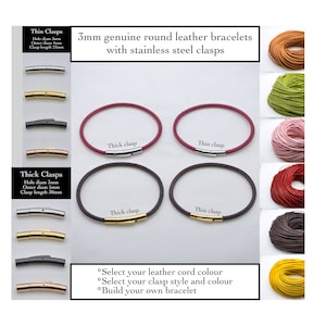 May include: A selection of 3mm round leather bracelets with stainless steel clasps in various colours. The image shows two different clasp styles: thick and thin. The text on the image reads: "3mm genuine round leather bracelets with stainless steel clasps".