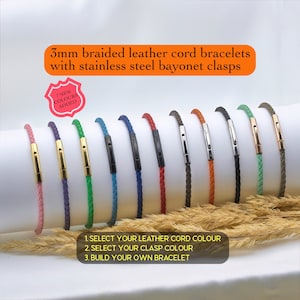 May include: A selection of 3mm braided leather cord bracelets with stainless steel bayonet clasps. The bracelets are available in a range of colours: pink, purple, green, blue, red, brown, black, orange, and olive green. The image text reads "7 NEW COLOURS ADDED".