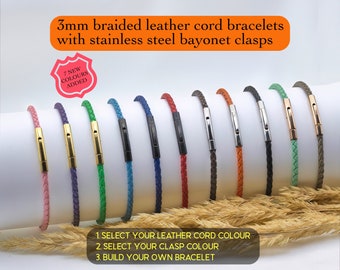 Custom Braided Leather Cord Bracelet: Stainless Steel Clasp, 3mm