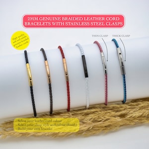 Custom Length Minimalist Braided Tiny Leather Cord Simple Bracelet For Charms Beads With Stainless Steel Bayonet Clasp - 2mm