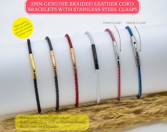 Custom Length Braided Leather Cord Bracelet: Stainless Steel Clasp, 2mm