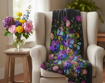 Colorful Wildflower Black Velveteen Plush Blanket