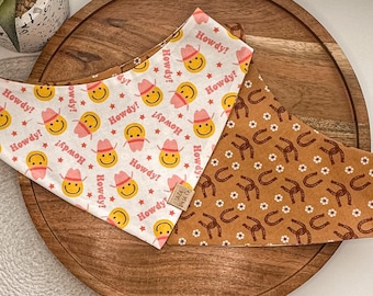 Howdy Cowgirl in Pink Dog Bandana | Western Floral Horseshoe Pet Accessories Scarf | Pet Bandana | Snap On Reversible Bandana