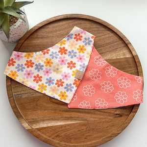 Spring Retro Floral Daisy Dog Bandana | Pet Accessories Scarf | Pet Bandana | Snap On Reversible Bandana